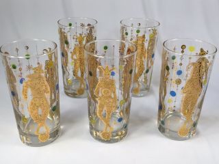 Culver Mardi Gras 22 Kt Gold Jester Harlequin Hi - Ball Glasses - Set Of 5 2