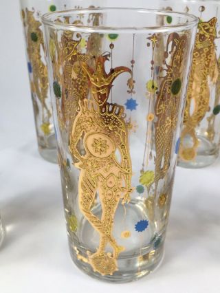 Culver MARDI GRAS 22 kt Gold Jester Harlequin Hi - ball Glasses - Set of 5 2 4