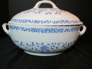 Minton Gower Blue Flowers Embossed Basket Weave Oval Covered Soup Tureen 13 1/2 "