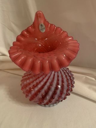 Fenton Cranberry Hobnail Opalescennt Swirl Jack - In - The - Pulpit Vase