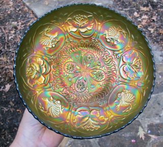 Fenton Dragon Lotus Antique Carnival Art Glass Green Ics Bowl Iridescent Vintage