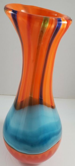 Vintage Tall Italian Handblown Art Glass Vase In Orange Blues & Greens 15 "