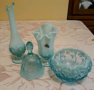 4 Fenton Blue/aqua Opalescent Lily Of The Valley Rose Bowl,  Bell,  Bud Vase,  Hanki