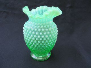 Vintage 6 " Fenton Art Glass Vase With Green Vaseline Opalescent Hobnail 1940s
