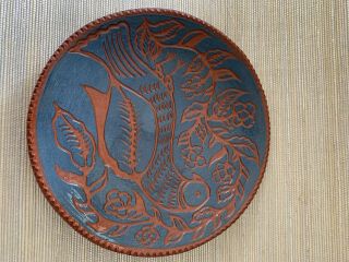 Gorgeous Ned Foltz Pottery Redware Blue Decorated Plate with bird,  1987,  signed 2