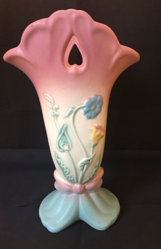 Hull Pottery Double Heart Bow Knot B11 Flower Vase Pastel Pink & Blue Label