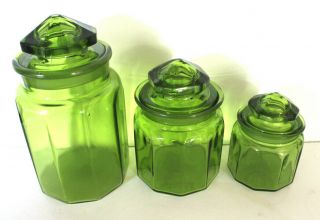 Set Of 3 Vtg Glass Green Apothecary Canisters Jars With Lids 3 Sizes Retro Mcm