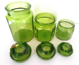 Set of 3 Vtg Glass Green Apothecary Canisters Jars with Lids 3 Sizes Retro MCM 2