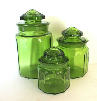 Set of 3 Vtg Glass Green Apothecary Canisters Jars with Lids 3 Sizes Retro MCM 3