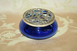 Antique 3.  5 " Cobalt Blue Glass Hair Receiver Trinket Ring Box W/ Silverplate Lid