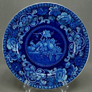 Dark Blue Historical Staffordshire Transferware Fruit And Birds Plate C.  1825 A