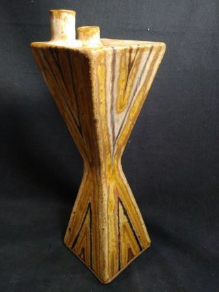 Mid Century Studio Art Pottery Vase Stoneware Geometric Hourglass Two Spout