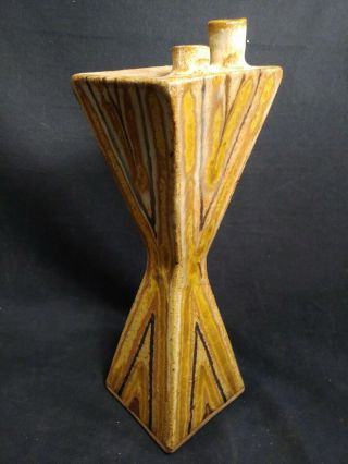 Mid Century Studio Art Pottery Vase Stoneware Geometric Hourglass Two Spout 2