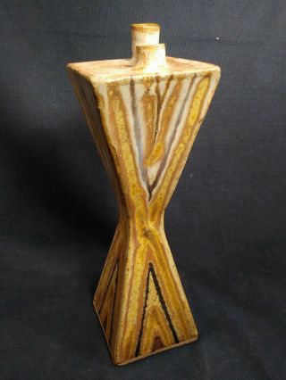 Mid Century Studio Art Pottery Vase Stoneware Geometric Hourglass Two Spout 3