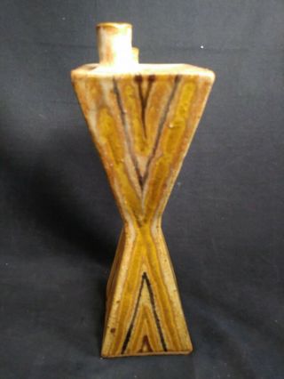 Mid Century Studio Art Pottery Vase Stoneware Geometric Hourglass Two Spout 4