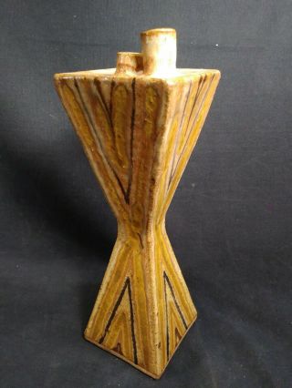 Mid Century Studio Art Pottery Vase Stoneware Geometric Hourglass Two Spout 5