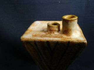 Mid Century Studio Art Pottery Vase Stoneware Geometric Hourglass Two Spout 7