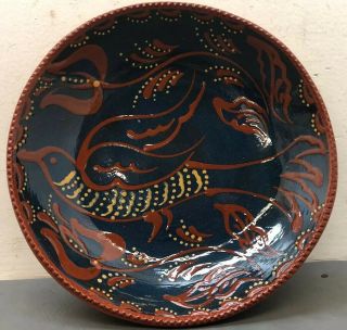 9.  75” Ned Foltz Redware Potter Plate Bird & Tulip Slip Glaze Blue Decorated