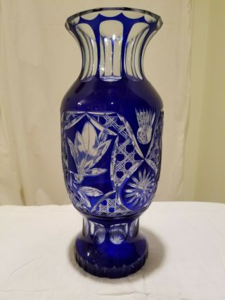 Bohemian Czech Cobalt Blue 12 " Cut To Clear Glass Crystal Vase