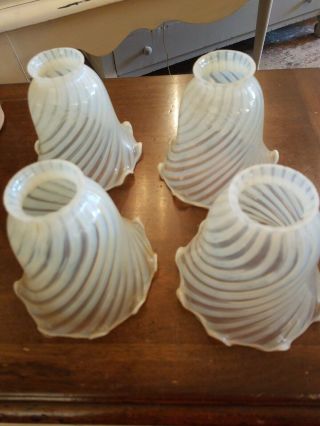 4 Fenton Blown Swirl Opalescent Art Glass Lamp Shade Ruffled Twisted White