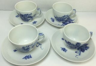 Royal Copenhagen Denmark Blue Flowers Curved 1870 - (4) Cup & Saucer Set