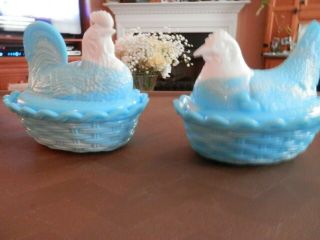 Vintage Blue White Milk Glass Hen And Rooster On Nest Cover Dish