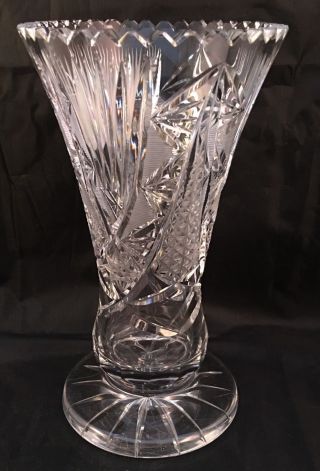 Vintage Cut Glass Crystal Trumpet Vase Abp? Fans Diamonds Stars 9 "