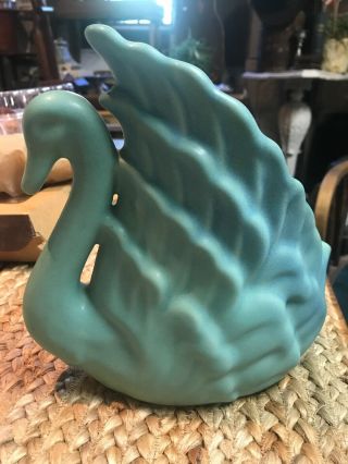 Vintage Van Briggle Pottery Ming Blue Turquoise Swan Planter Vase