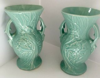 Vintage Mccoy Pottery Bird Of Paradise Double Handle Turquoise 8 " Vases
