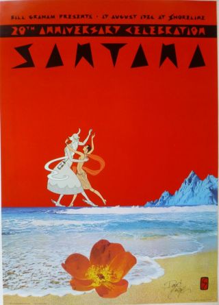 Santana 1986 Shoreline Rock Poster David Singer,  Signed By Artist
