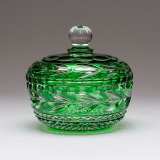 Galway Irish Crystal Candy Dish Bowl Emerald Green Cut - To - Clear With Lid