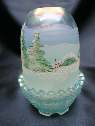 Fenton Glass Blue Carnival Fairy Lamp - Winter Scene W Snow,  Pine Trees,  & Holly