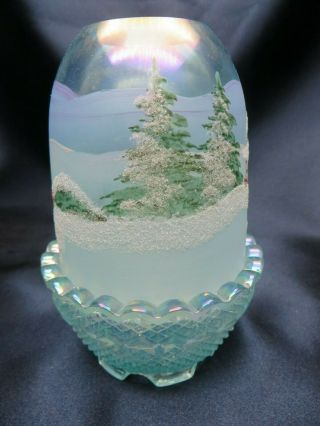 Fenton Glass Blue Carnival Fairy Lamp - Winter Scene w Snow,  Pine Trees,  & Holly 2