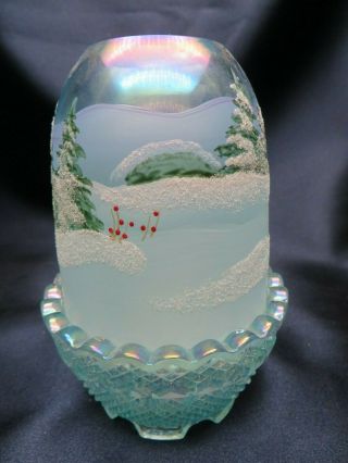 Fenton Glass Blue Carnival Fairy Lamp - Winter Scene w Snow,  Pine Trees,  & Holly 3
