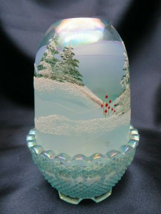 Fenton Glass Blue Carnival Fairy Lamp - Winter Scene w Snow,  Pine Trees,  & Holly 4