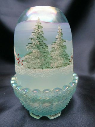 Fenton Glass Blue Carnival Fairy Lamp - Winter Scene w Snow,  Pine Trees,  & Holly 5