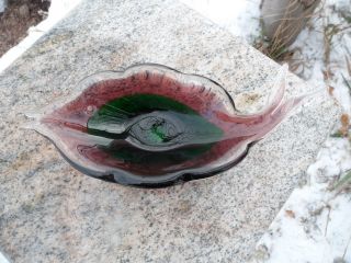 Vintage Murano Green Purple Art Glass Fish Shaped Bowl Dish Form Hand Blown