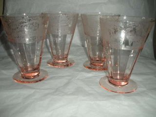 4 Etched Deer Forest Footed Optic Glass Tumblers Pink Tiffin Deerwood