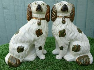 Pair: 19thc Staffordshire Copper Lustre & White Spaniel Dogs C1890s
