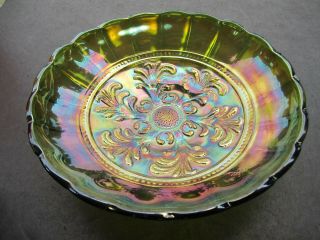 Stunning Millersburg Green Mayan Radium Iridescence Carnival Glass Bowl