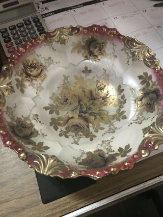 Rs Prussia Gold And Cranberry Scalloped 10” Signed Bowl