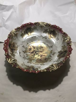 RS Prussia Gold and Cranberry Scalloped 10” Signed Bowl 2
