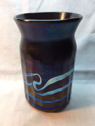 Vintage Purplish/black/blue Iridescent Art Glass Vase Signed 4 1/2 " Handblown