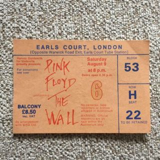Pink Floyd Earls Court Ticket The Wall 09/08/80 No H22