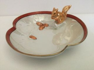 Vintage Rare Noritake Squirrel Nut Dish Luster Handpainted White W/orange Acorns