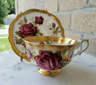 Royal Albert Heavy Gold Crest Series Large Roses Wide Mouth Cup & Saucer England