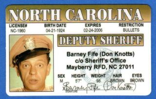 Barney Fife Don Knotts Mayberry Nc Deputy Novelty Sheriff License