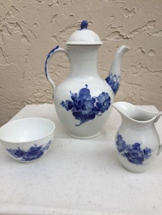 Royal Copenhagen Blue Flower Braided Tea/coffee Pot W/ Creamer & Sugar Bowl