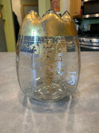 Antique Bohemian Moser Art Glass Enameled Rose Bowl Vase Hand Painted Gold Gilt