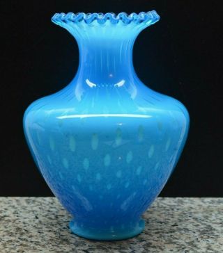 Fenton? Light Blue Cased Glass Vase Dark Blue Ribbon Crest Top Teardrop Design